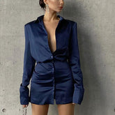 Blue Satin Shirt Mini Dress With Flared cuffs